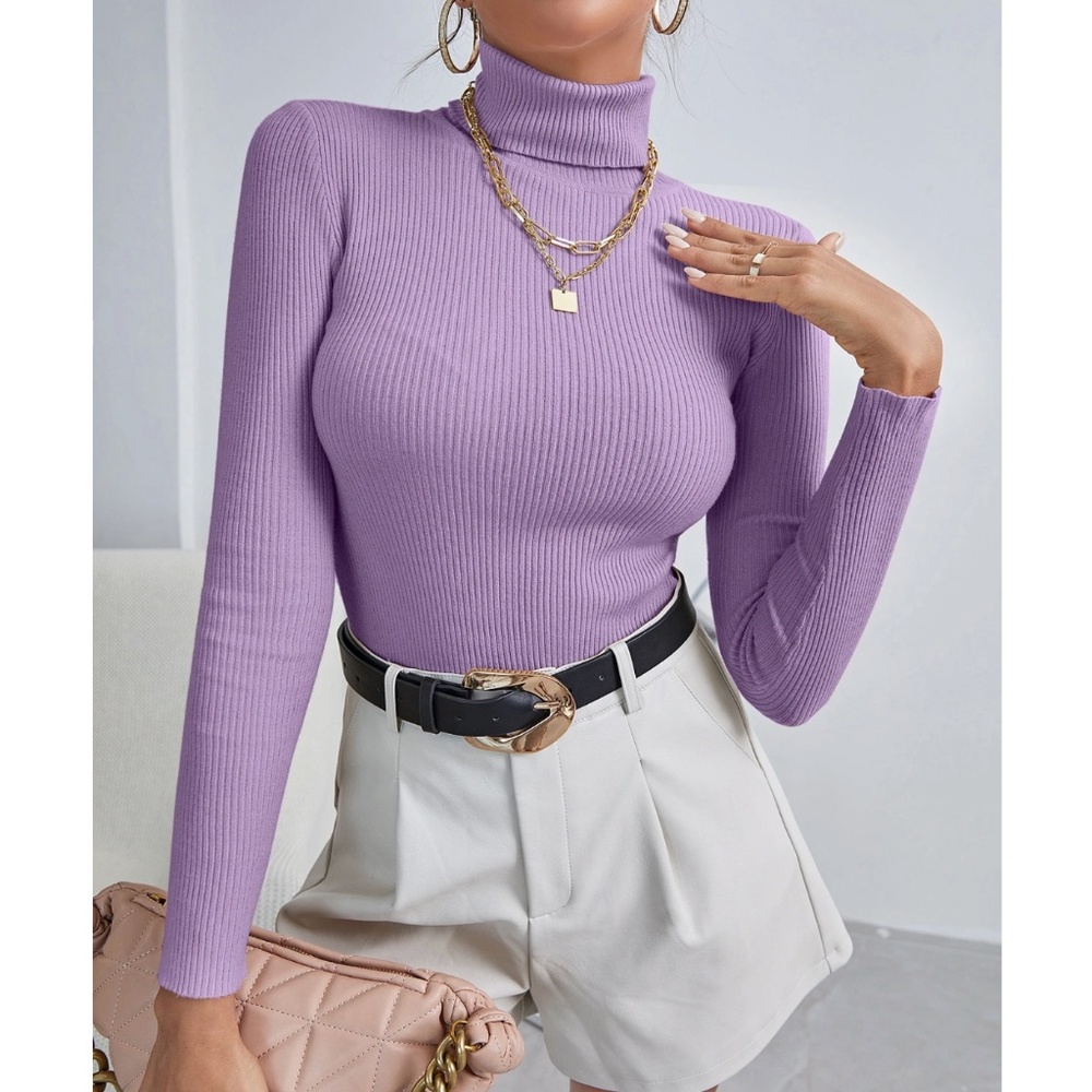 Lilac Purple Sweater Top Rib-Knit High Neck Turtleneck Long Sleeve